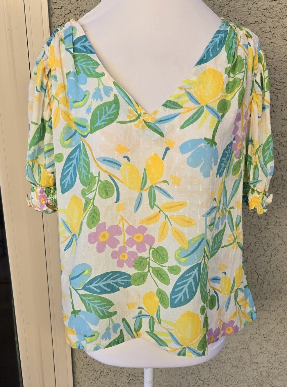 RACHEL Rachel Roy Women’s V-Neck Floral Lemon Print Top - Yellow & Green